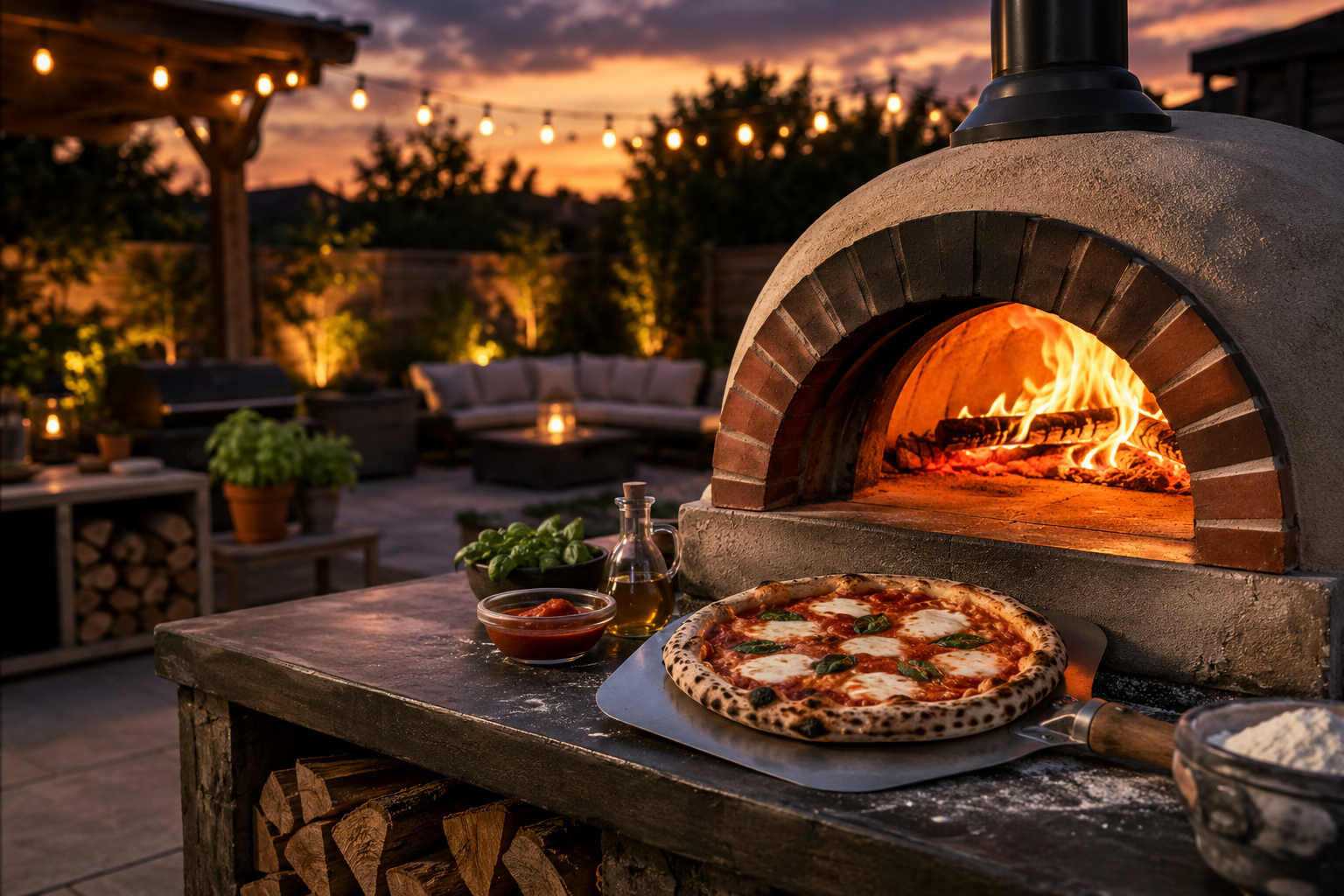 Wood-fired pizza oven cooking pizza in a backyard outdoor kitchen